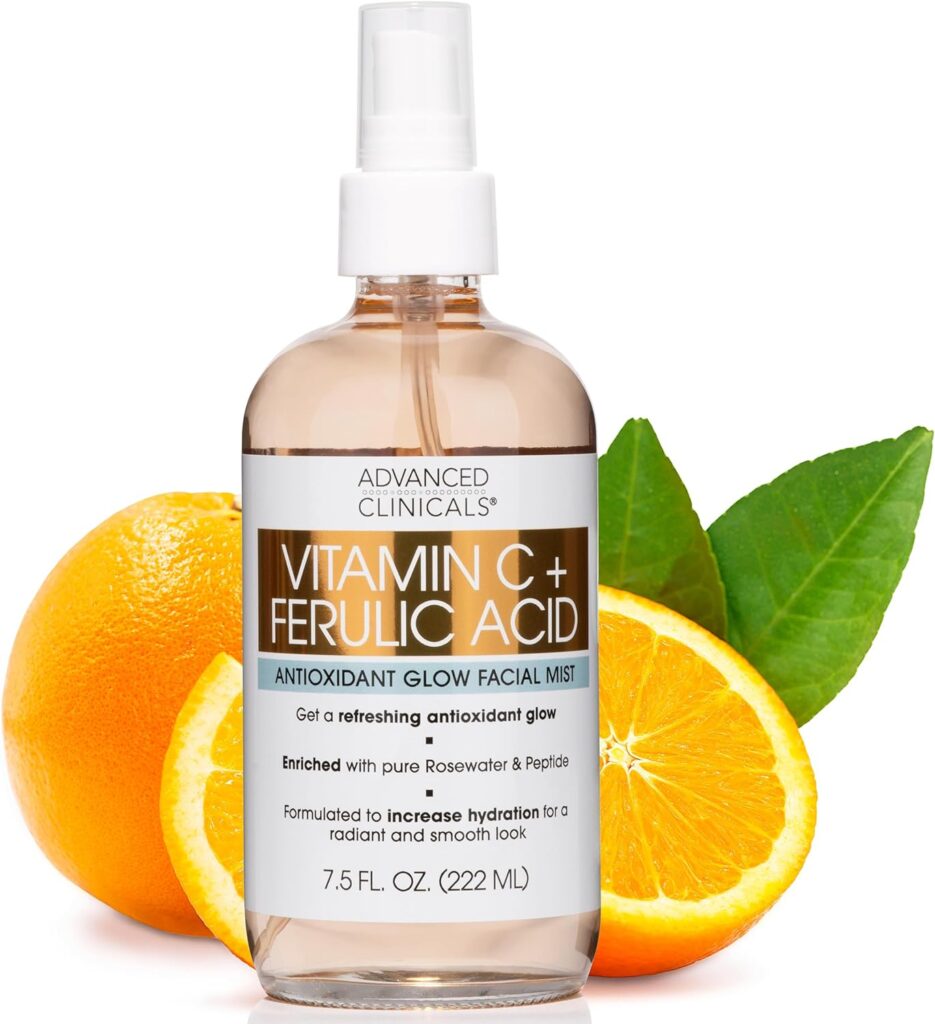 Advanced Clinicals Vitamin C Face Toner W/Ferulic Acid & Rosewater, Antioxidant Facial Mist Spray 8 Fl Oz